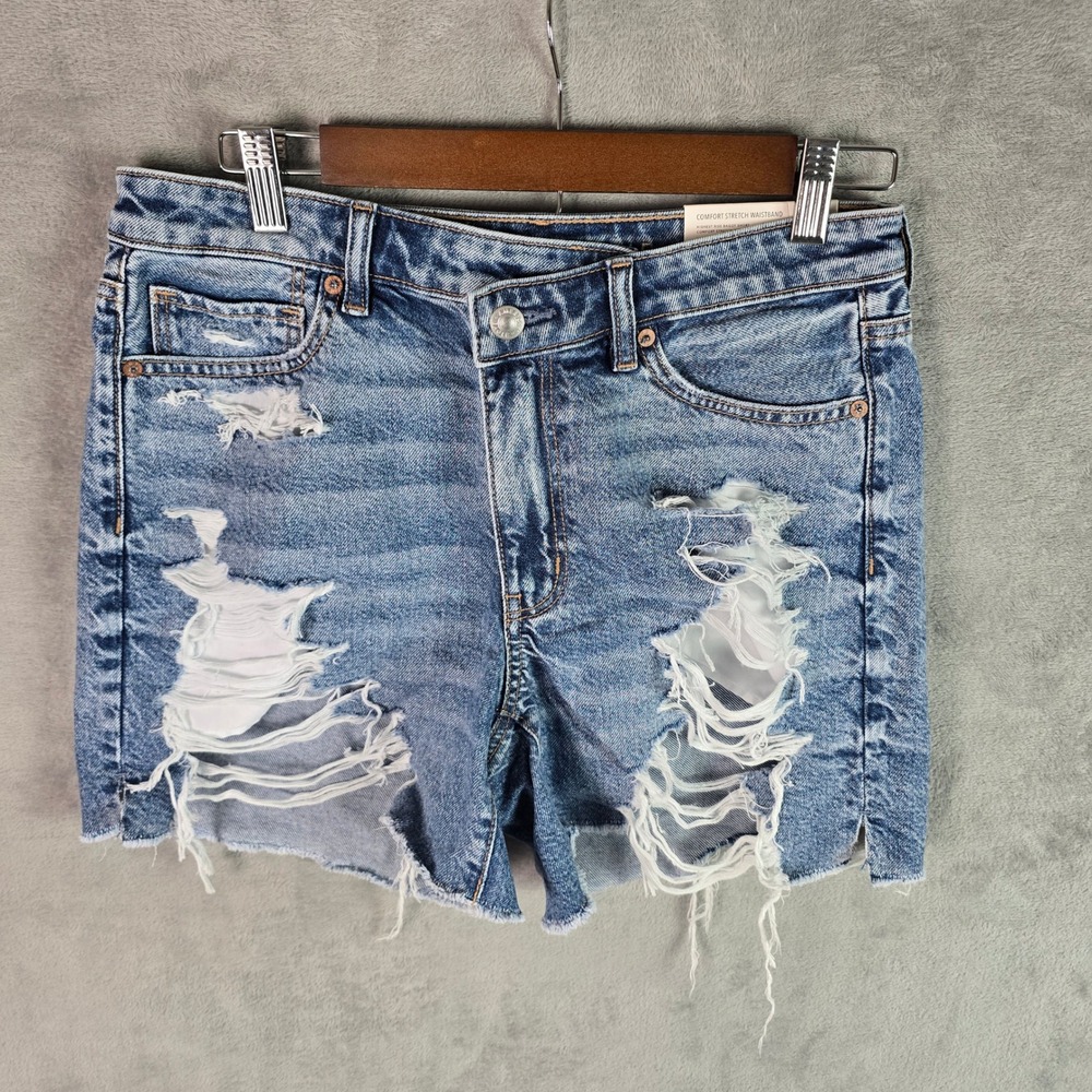 American Eagle Highest Rise Baggy Shorts Womens 8 Distressed Blue Denim New